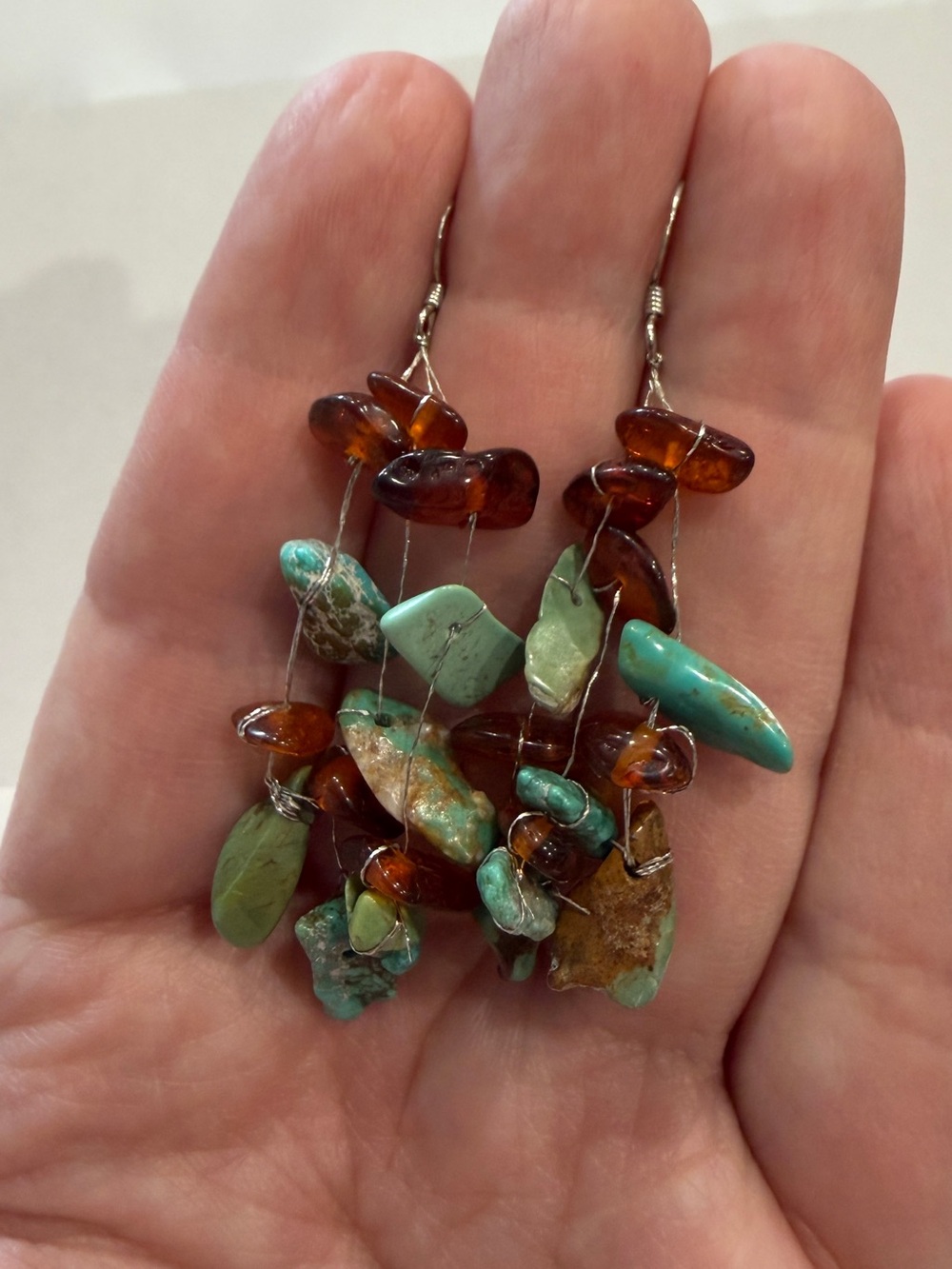 Hand Crafted Turquoise and Amber Chip Dangle Earrings
